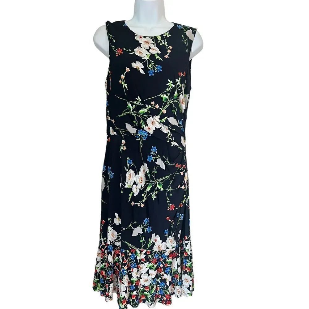 Eliza J Floral Navy Blue FitFlare Garden Party Wedding Guest Midi Summer Dress 8